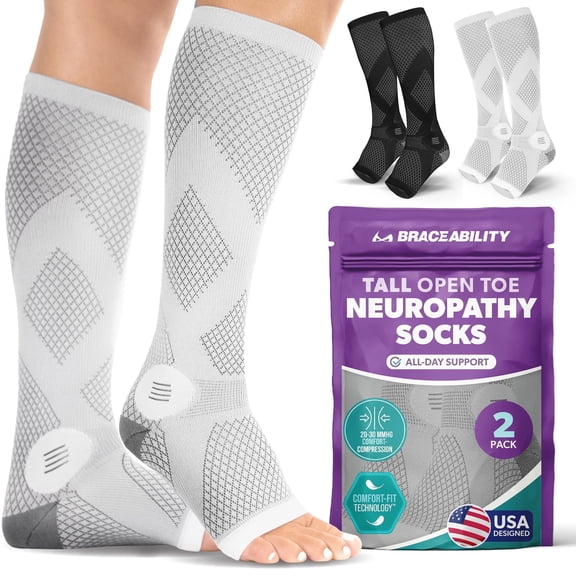 BraceAbility Open Toe Knee High Compression Socks 20-30 mmHg for Circulation Support, M, Gray, 1 Pair