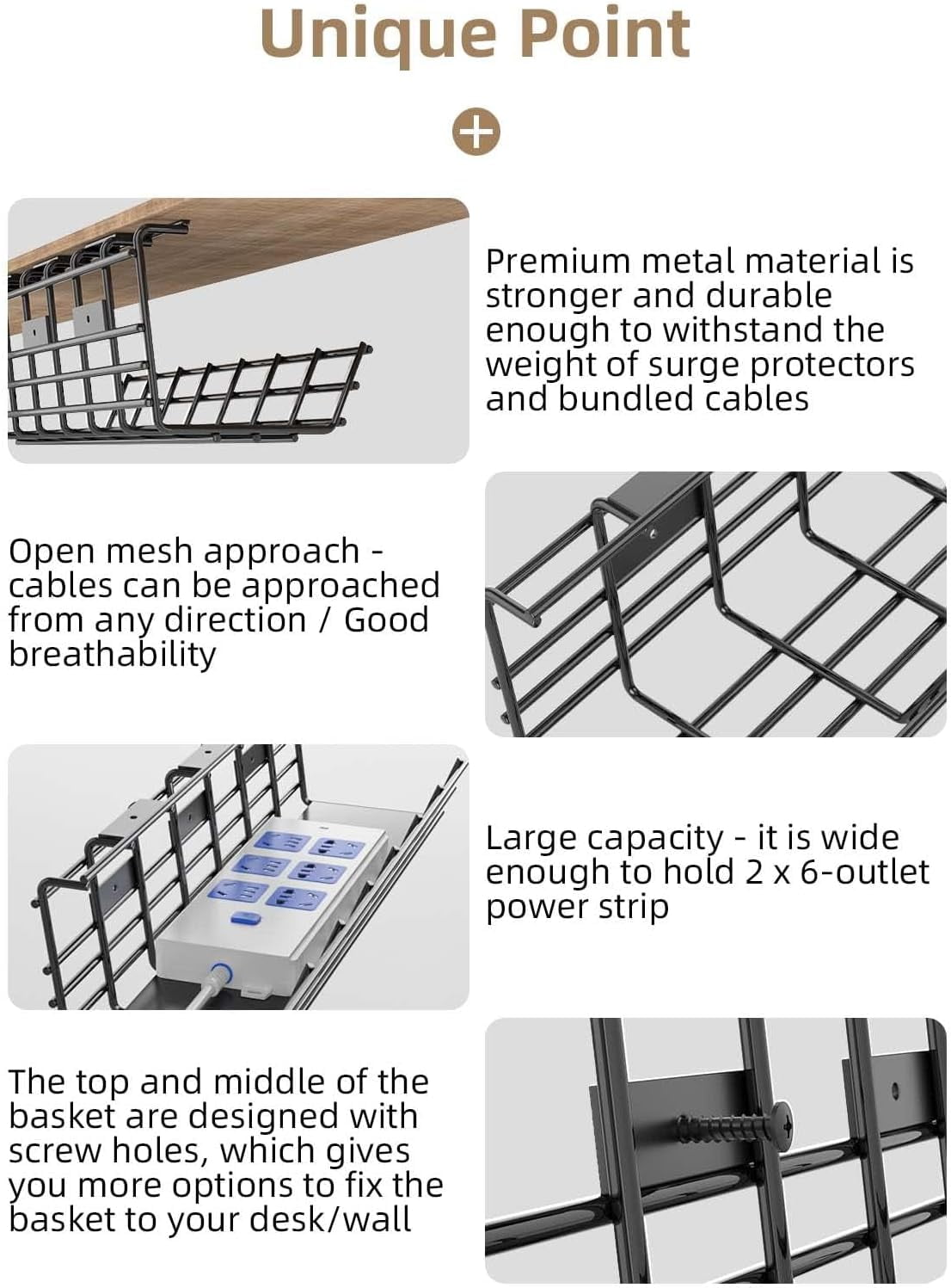 Delamu 2 Pack Under Desk Cable Management Tray, Desk Cord Organizer Cable Management Box, Black