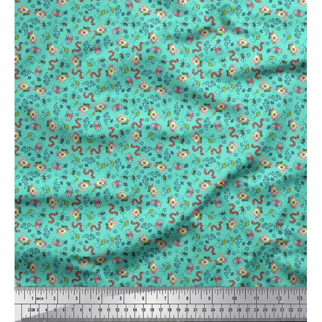 Soimoi Polyester Crepe Fabric Earthworm,Fruit & Insect Printed Fabric 1 Yard 42 Inch Wide
