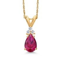 Gem Stone King 14K Yellow Gold Red Created Ruby and White Topaz Pendant Necklace for Women | 1.13 Cttw | Gemstone July Birthstone | Pear Shape 8X5MM | With 18 inch Chain