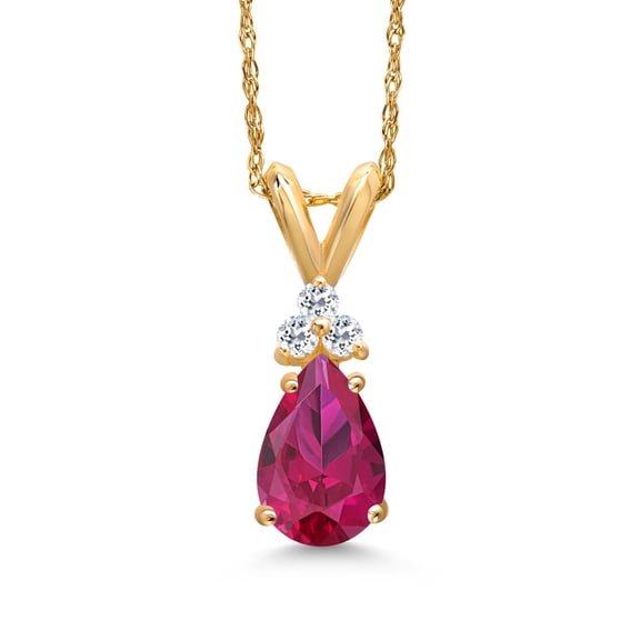 Gem Stone King 14K Yellow Gold Red Created Ruby and White Topaz Pendant Necklace for Women | 1.13 Cttw | Gemstone July Birthstone | Pear Shape 8X5MM | With 18 inch Chain
