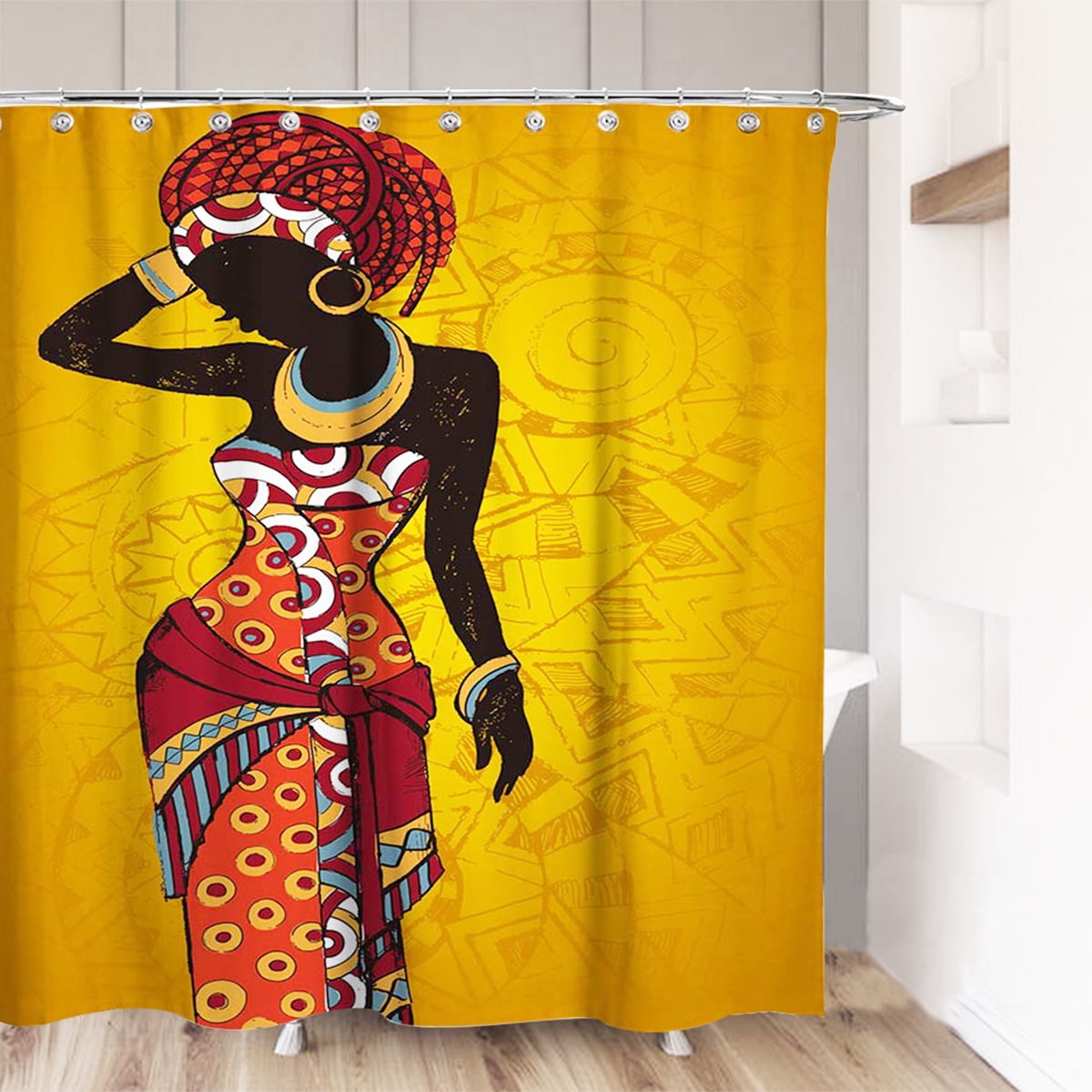 Traditional Black African Woman Bathroom Shower Curtain,Hooks Shower Rings Included Polyester