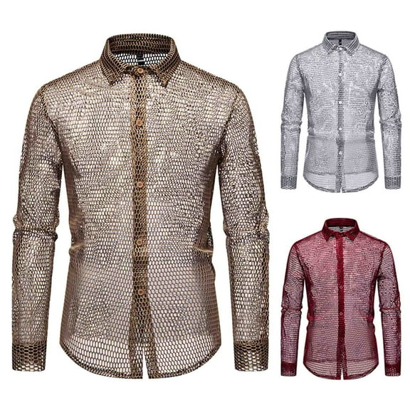 Miluxas Mens Fishnet See Through Shirts Slim Fit Casual Long Sleeve Button Down Hollow Out Sheer Shirts Party Night Club Wear Red XL(XL)