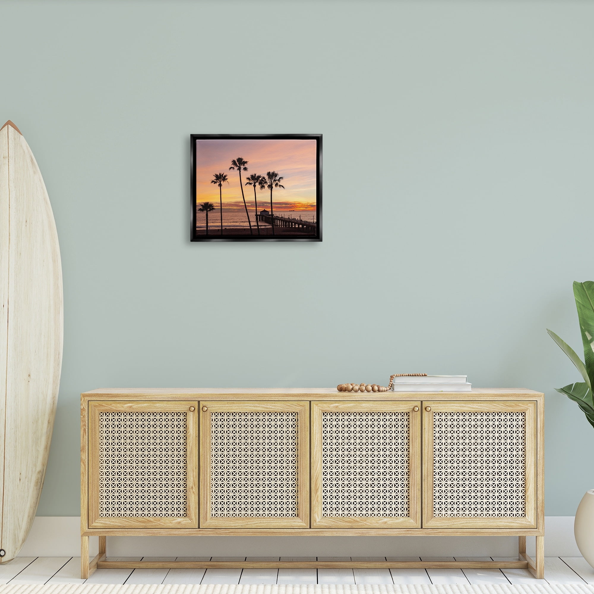 Stupell Industries Tropical Palm Tree Sunset Summer Pier Docks Photograph Jet Black Floating Framed Canvas Print Wall Art, Design by Jeff Poe Photography
