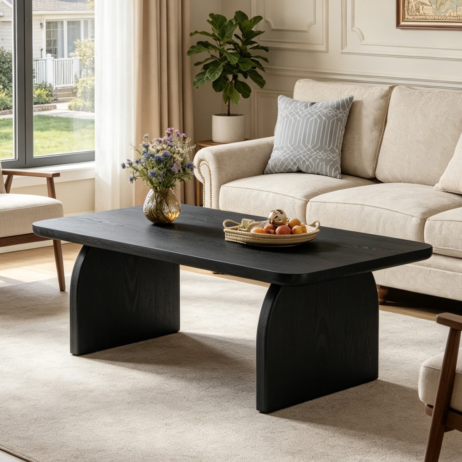 Fnova Farmhouse Coffee Table for Living Room, 47.24" Rectangle Black Coffee Table, Easy Assembly