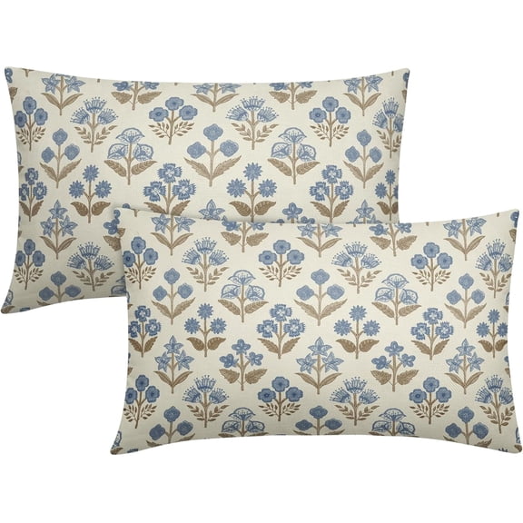 Brown Blue Floral Pillow Covers 12x20 Inch Set of 2, Block Print Lumbar Flower Cream Decorative Throw Pillowcases Outdoor Farmhouse Rectangle Cushion Covers Spring Summer Sofa Couch Bed Decor