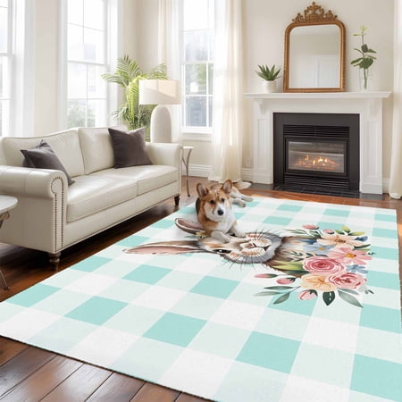 5 x8 Area Rugs Easter Bunny Indoor Outdoor Area Rug for Living Room Bedroom Spring Watercolor Rabbit Flower Green Plaid Washable Bathroom Rugs Kitchen Floor Carpet Mats Home Decor Aesthetic