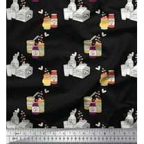 Soimoi Black Cotton Voile Fabric Peanut Butter & Milk Bottle Kitchen Printed Fabric 1 Yard 42 Inch Wide