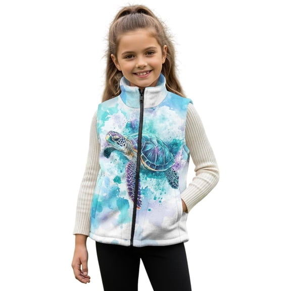 Uorisanigo Girls Boys Zippered Vest Puffy Fleece Jacket Fashion Fall Winter Clothes Sleeveless Full Zipper Outwear with Pockets Blue Sea Turtle Print Stand Up Collar Vest 2-12 Years