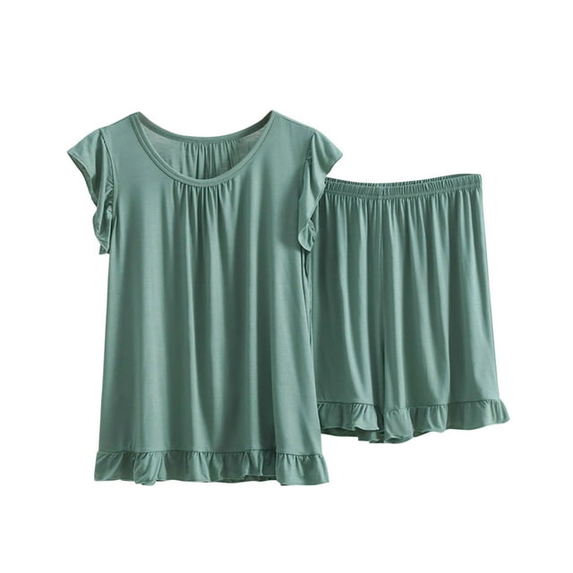 Yuyuzo Pajamas for Women Set Plus Size Summer Ruffle Sleeveless Tops Nightwear Lounge Wear Set Casual Shorts Outfits