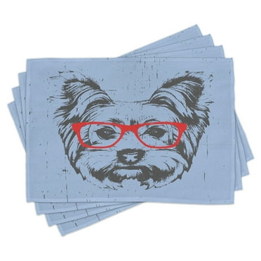 Ambesonne Yorkie Place Mats Set of 4, Fun Portrait Red Glasses, Standard Size, Pale Blue Grey Vermilion