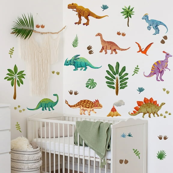 Cartoon Wall Decals Dinosaur Plants Stickers Vinyl Peel and Stick for Kids Bedroom Living Room Playroom Background Decor 55"x53.3"