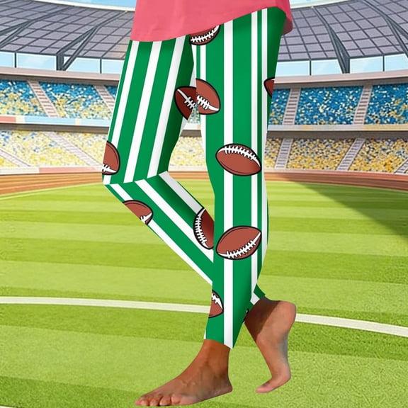 Mceream Womens Football Game Day Leggings Plus Size Stretchy High Waist Tummy Control Yoga Pants Comfort Soft Slim Fit Graphic Workout Leggings Green XXXL
