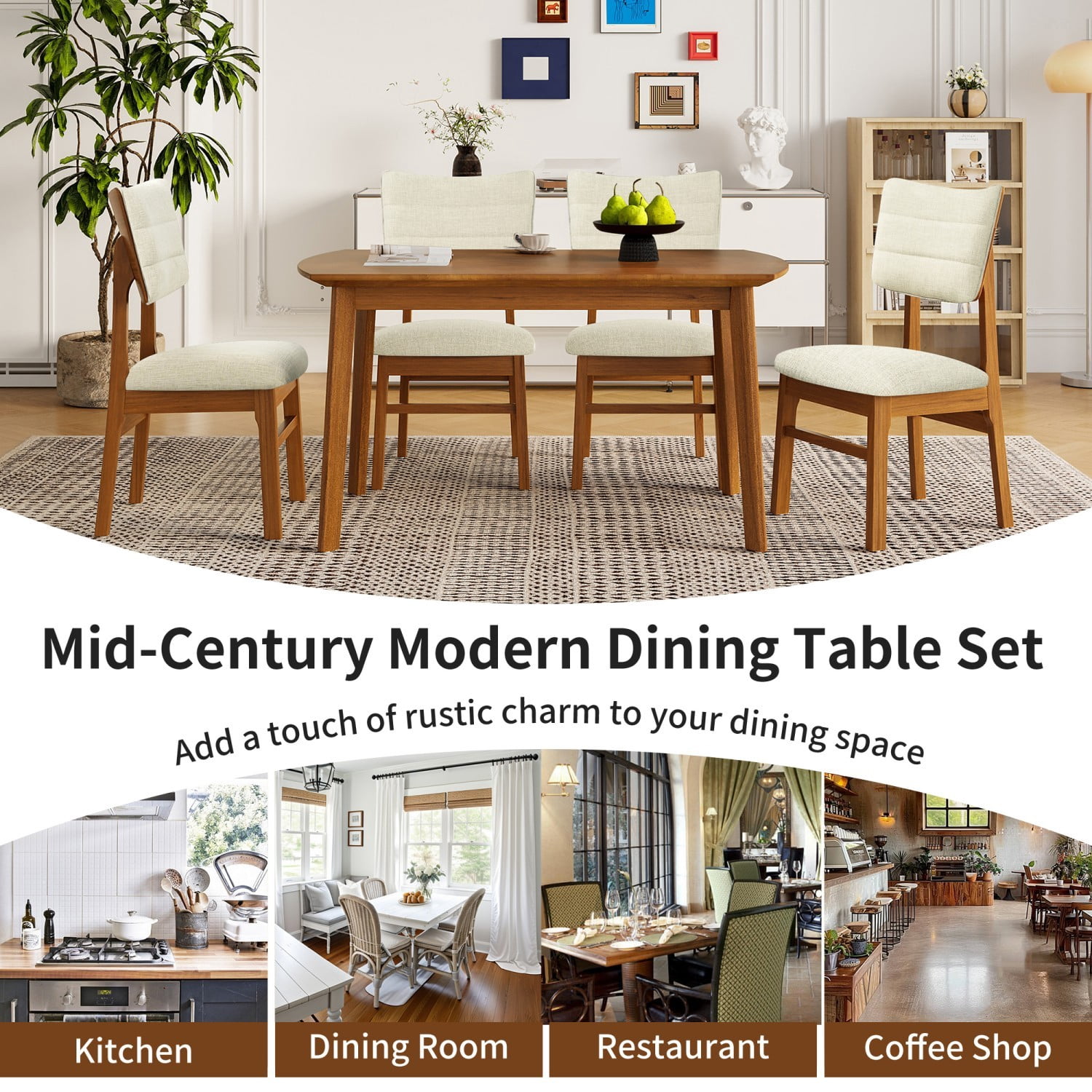 Upholstered Dining Chairs Set of 4, Mid Century Modern Kitchen & Dining Chairs with Ergonomic Back, Solid Rubberwood Frame, Fabric Side Chairs with Non-Slip Feet, Beige & Brown