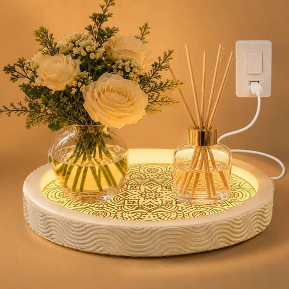 FZBCTLDZ Lighted Round Decorative Tray for Coffee Table, 12In Floral Mandala
