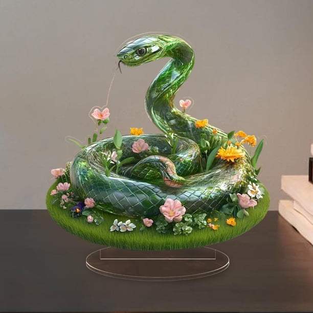 Decoración de serpiente verde acrílica, adorno de mesa, decoración del hogar 2D, obra de arte coleccionable, centro de mesa con base para sala de
