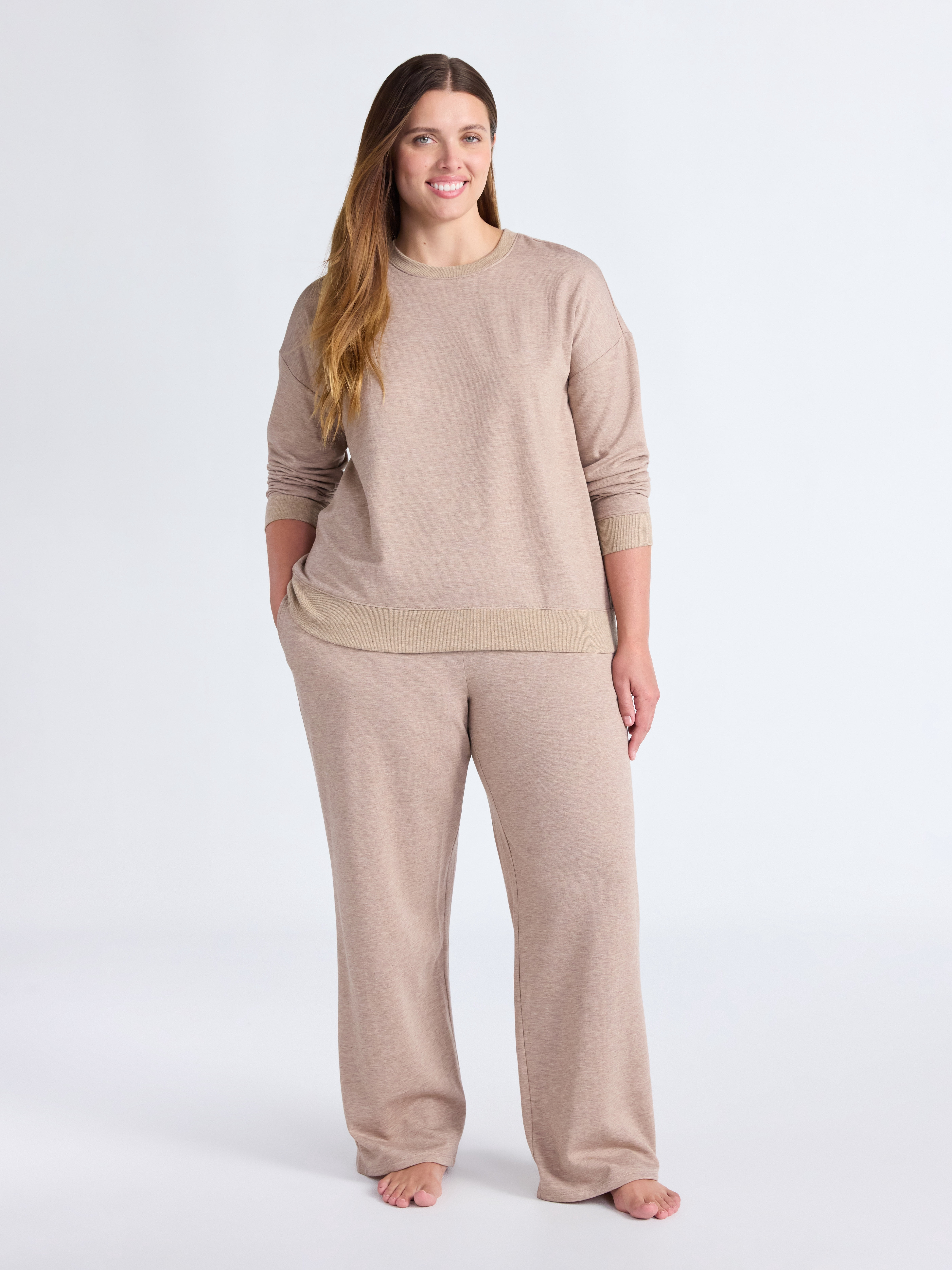 Joyspun Women's Fleece Long Sleeve Top and Straight Leg Pants Lounge Set, 2-Piece, Sizes XS-3X