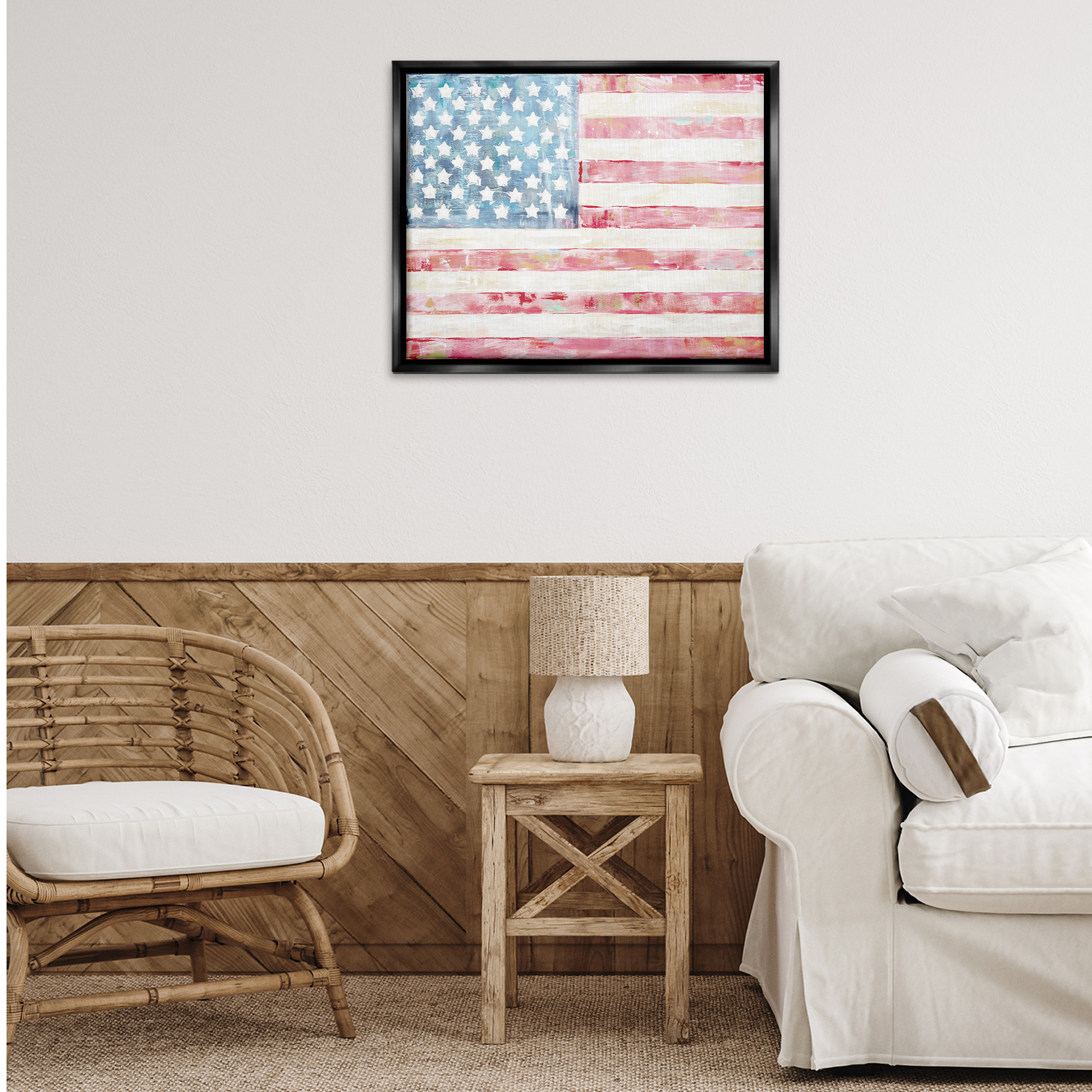 Stupell Industries Patriotic Brushed Flag Town & City Painting Black Floater Framed Canvas Art Print Wall Art, 31 x 25