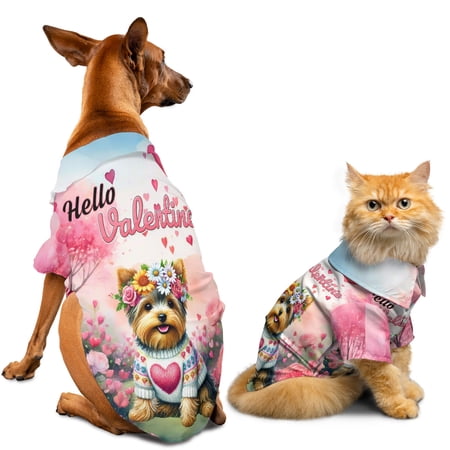 Hello Valentine&rsquo;s Day Yorkshire Terrier Flower Crown Romantic Pink Floral Hawaiian Summer Shirt for Small Medium Large Dog Cat Yorkie Dog Lover Gifts - 00031