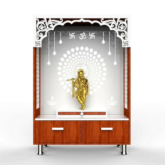 Wooden White Pooja Mandir With Double Drawers /Temple For Home With LED Lights /Desginer Textured Mandir For Home /Puja Chowki