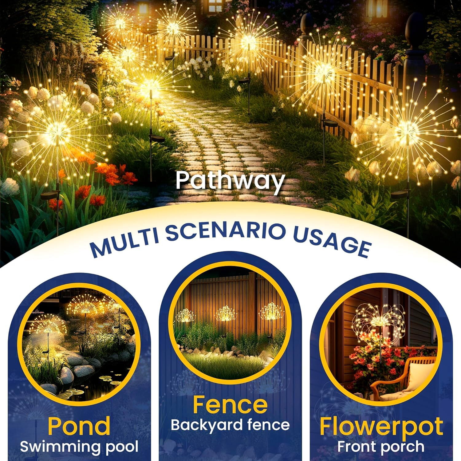 Outdoor Solar Garden Lights, 120 LEDs 8 Lighting Modes 2 Packs Waterproof Solar Fireworks Light Sparklers for Patio Walkway Yard Courtyards Pathway Christmas Party Decorations