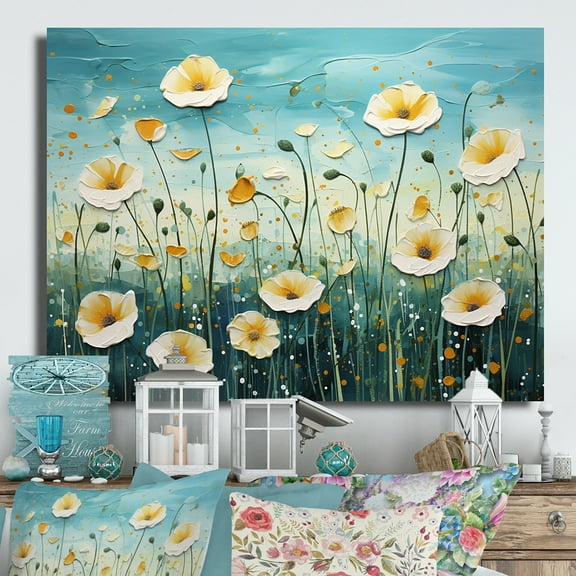 Designart "White Blue Buttercups landscape Pointillism Dot" Floral Metal Wall Art