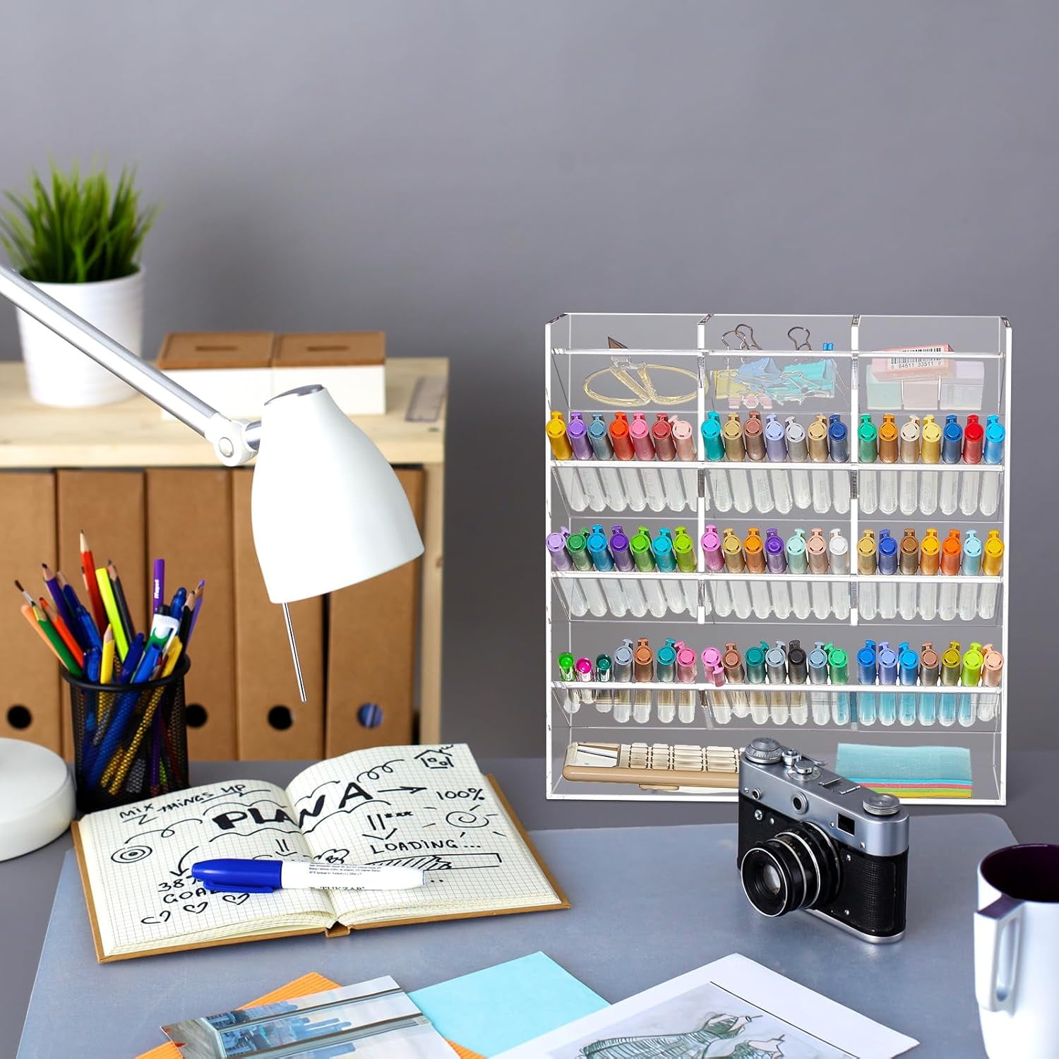 Acrylic Pen Organizer Storage Vertical Marker Organizer Acrylic Pen Display Holder for Office Desk Desktop Stationery Pencil Storage(Clear,10.2 x 4 x 9.8 Inch)