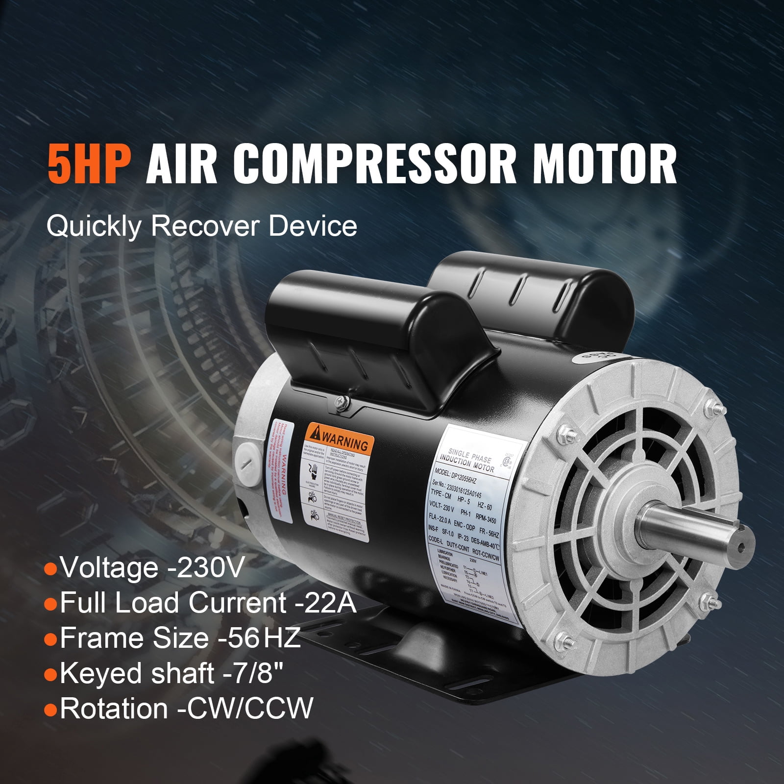 SKYSHALO 5HP Air Compressor Electric Motor, 230V 22 Amps, 56HZ Frame 3450RPM, 7/8" Keyed Shaft, CW/CCW Rotation, 2.25" Shaft Length for Air Compressors Has Obtained CSA Certification