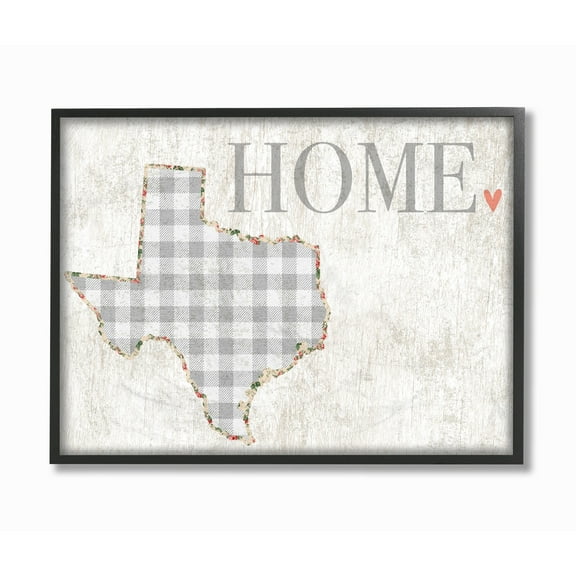 The Stupell Home Decor Collection Texas Grey Gingham and Floral Heart and Home Oversized Framed Giclee Texturized Art, 16 x 1.5 x 20