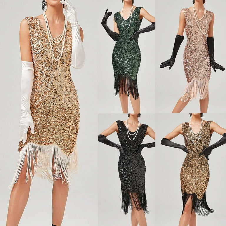 SZXZYGS Fall Wedding Guest Dresses Maternity Long Sleeve Women s Vintage Dress Sleeveless Dress 1920S Sequin Tassels Party Night Flapper Gown Dress