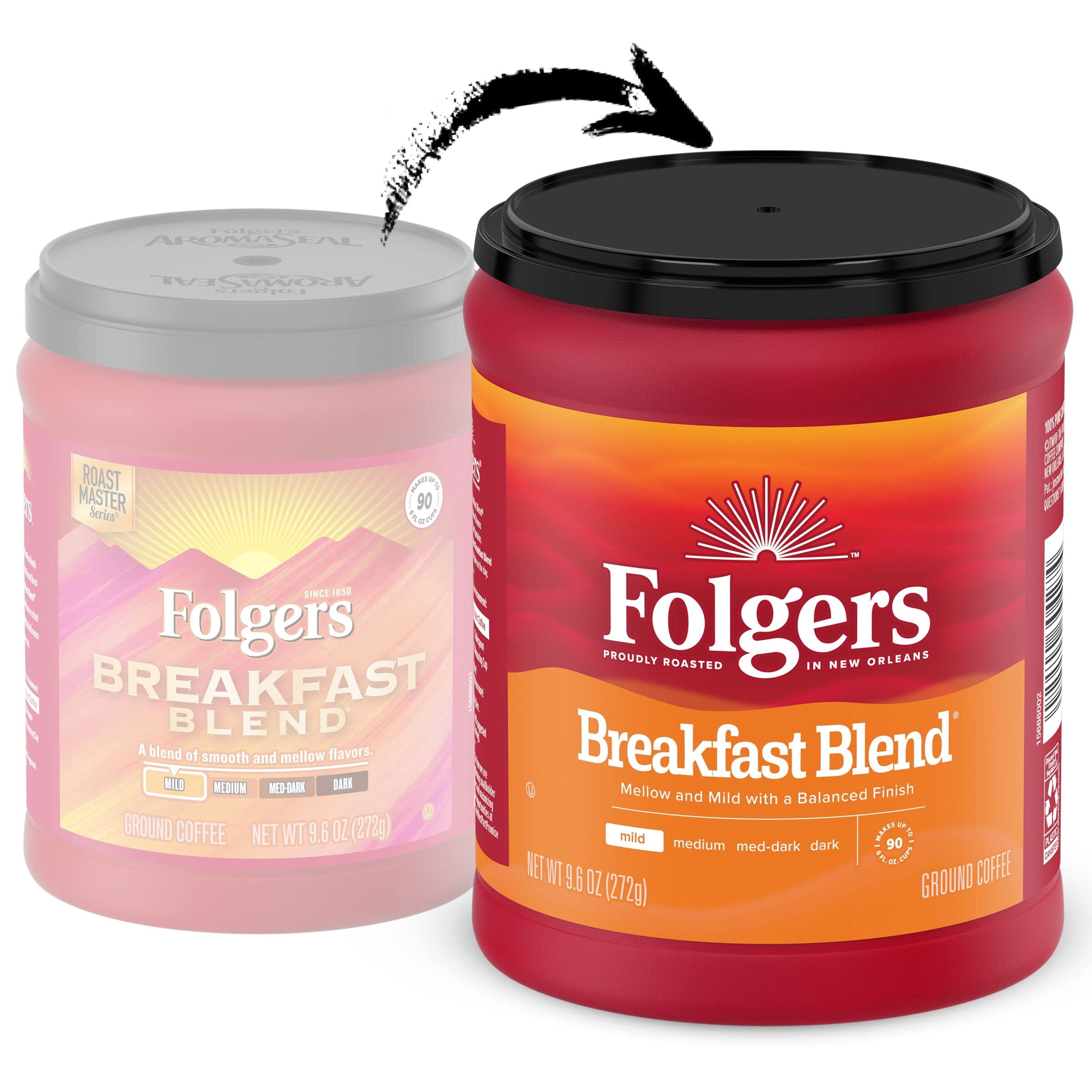 Pack of 2 - Folgers Breakfast Blend Medium_Roast Ground Coffee, Smooth & Mild Coffee, 9.6 Ounce Canister