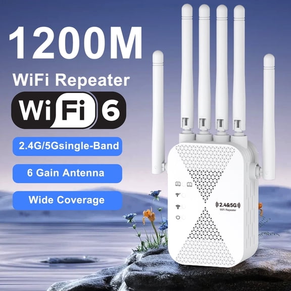 Ourlife 1200Mbps Dual-Band WiFi Repeater with 6 External Antennas, US Plug Signal Booster, CE & RoHS Compliant, Stable Coverage for Home & Office, White.