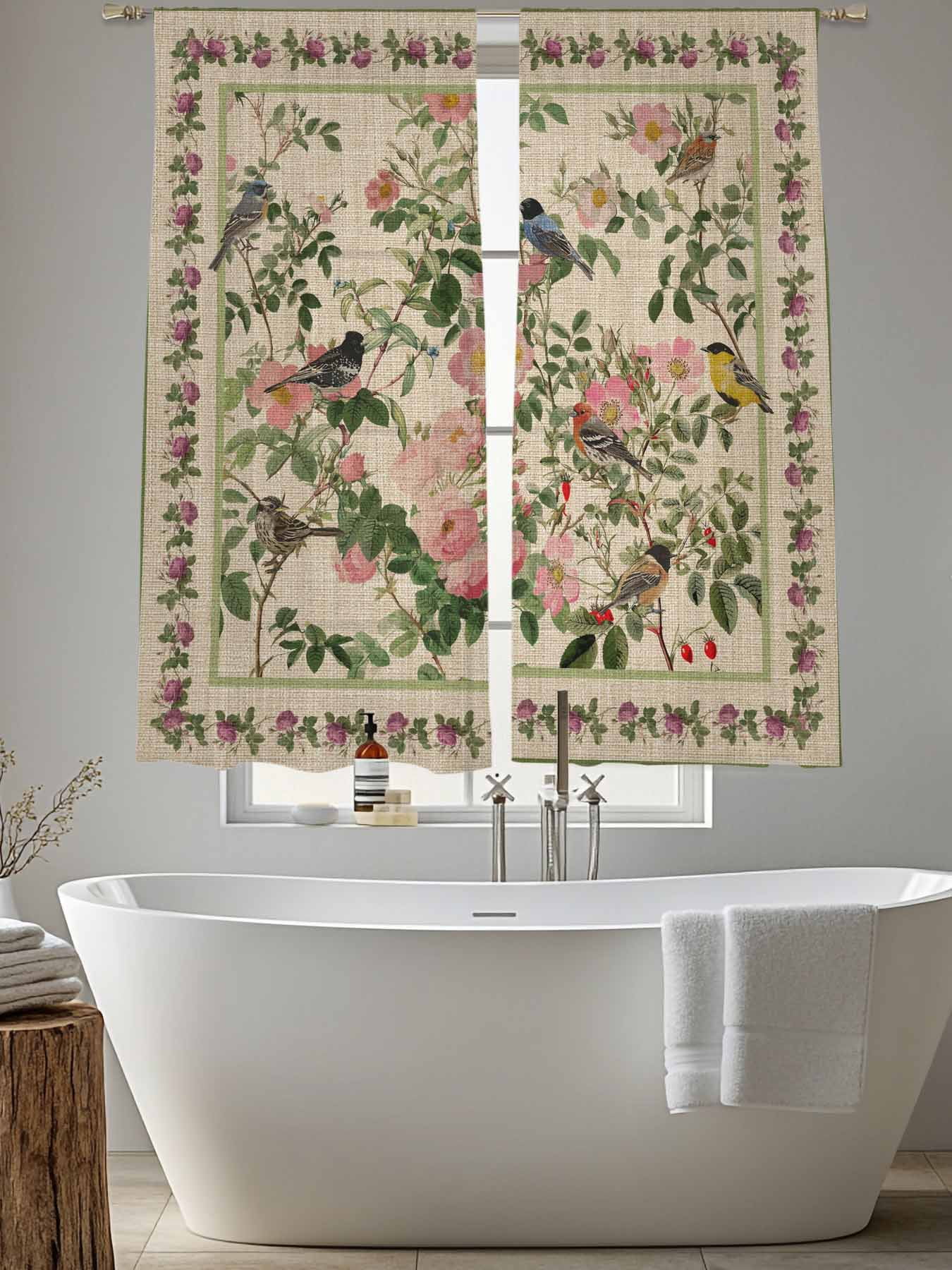 Spring Sheer Curtains 2 Panels Set Oriental Traditional Ethnic Floral Birds Retro Linen Sheer Window Curtains Light Filtering Rod Pocket Voile Drapes for Bedroom Living Room 52"X72"