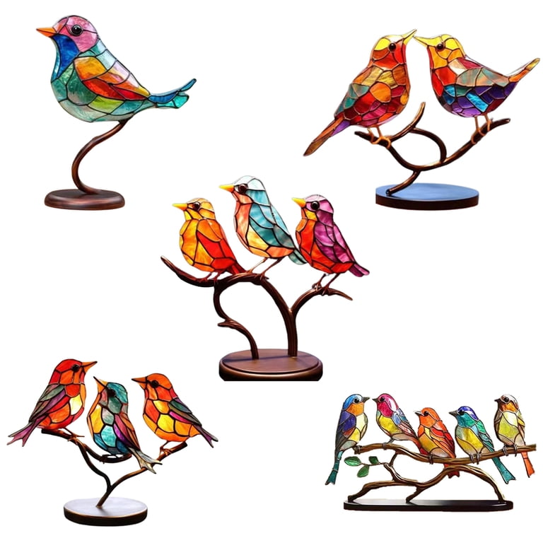 Stained Glass Birds On Branch Desktop Ornaments,Metal Flat Vivid