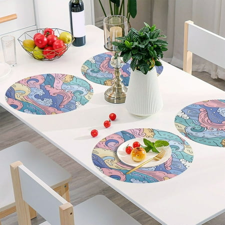 

Round Grid Placemat One Sizex1 Round Placemat PVC Plate Mat，15.4 Inch Non-Slip and Heat Resistant Table Placemat Dining Room Placemat Colorful Sea