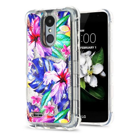 Rebel Floating - TUFF Liquid Floating Glitter Quicksand Waterfall Hybrid Silicone Gel Phone Protector Case - (Watercolor Hibiscus) and Atom Cloth for LG Rebel 3 4G LTE L157BL, L158VL