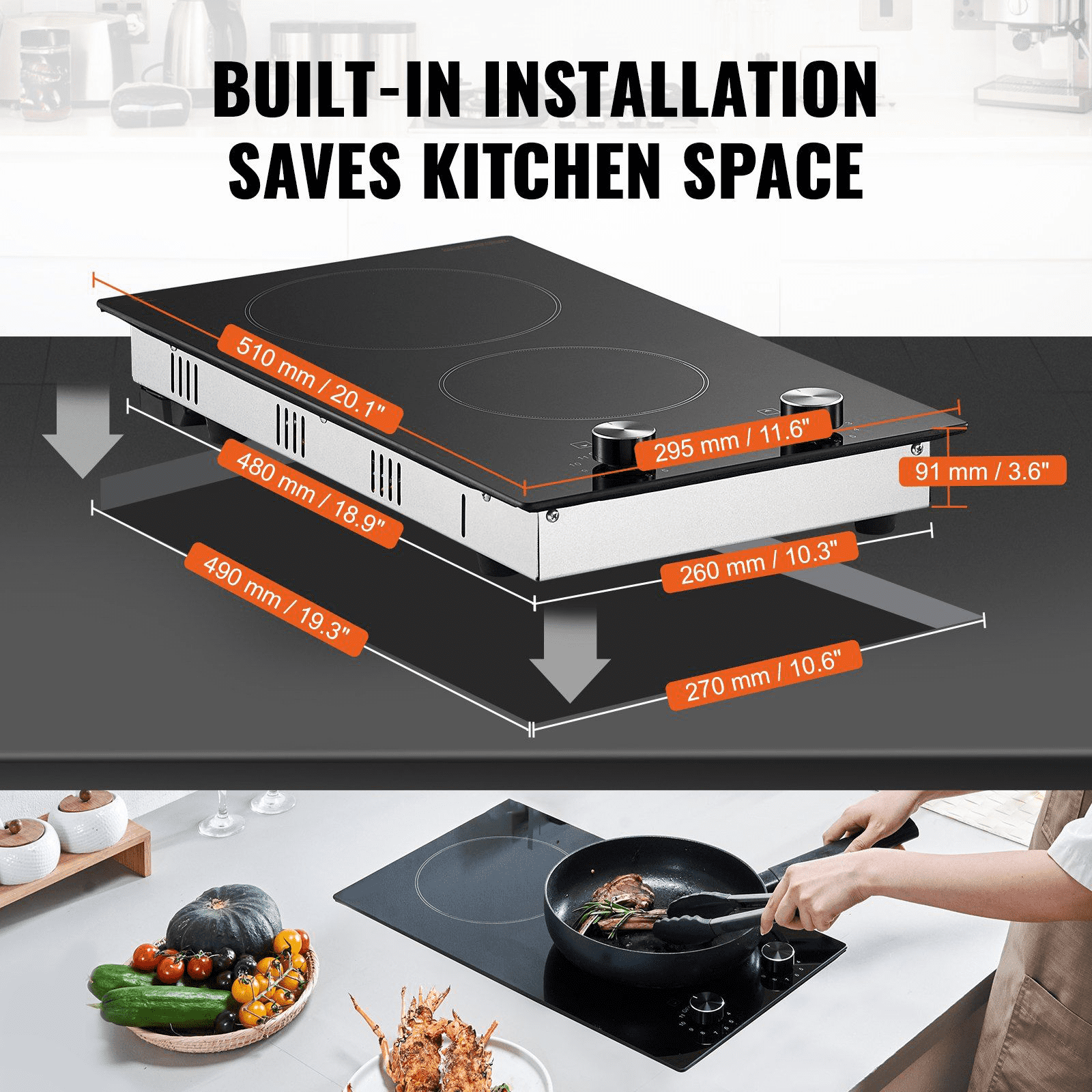Electric Cooktop 12 Inch, 2 Burner Built-in Stove Top, 3000W Ceramic Radiant Cooktop, 11 Heat Levels, Knob Control, 220-240V Hardwire, for Kitchen Countertop