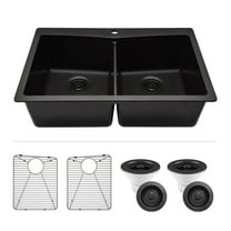 33" x 22" Quartz Kitchen Sink, Double Bowl Sink, Drop-in Sink, Undermount Sink, Granite Kitchen Sink, Galaxy Black Kitchen Sink, with Grids, Basket Strainer and Flange Lexicon Platinum LP-800TM-K