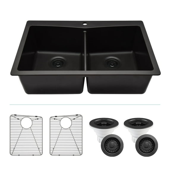 33" x 22" Quartz Kitchen Sink, Double Bowl Sink, Drop-in Sink, Undermount Sink, Granite Kitchen Sink, Galaxy Black Kitchen Sink, with Grids, Basket Strainer and Flange Lexicon Platinum LP-800TM-K