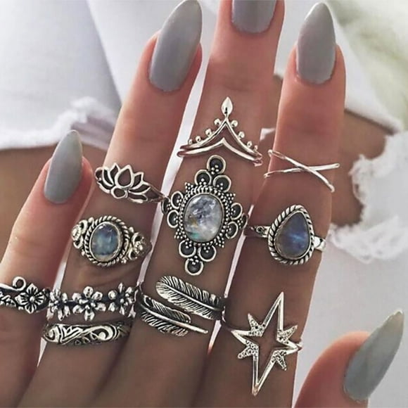LLQkigsxse Rings Pack 11Pcs Silver Vintage Ancient Star Geometric Shape Hollow Ring Set for Women Retro Silver Stack Rings Set Trendy Silver Rings for Teen Girls