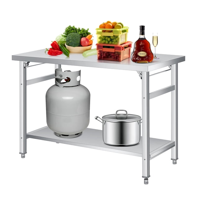 Table à Manger Pliable en Acier Inoxydable - Poste de Travail Robuste à Deux Niveaux avec Tablette Inférieure Ajustable - Roulettes Verrouillables - Charge de 920 Lb - pour Cuisine, Restaurant, Garage, Extérieur