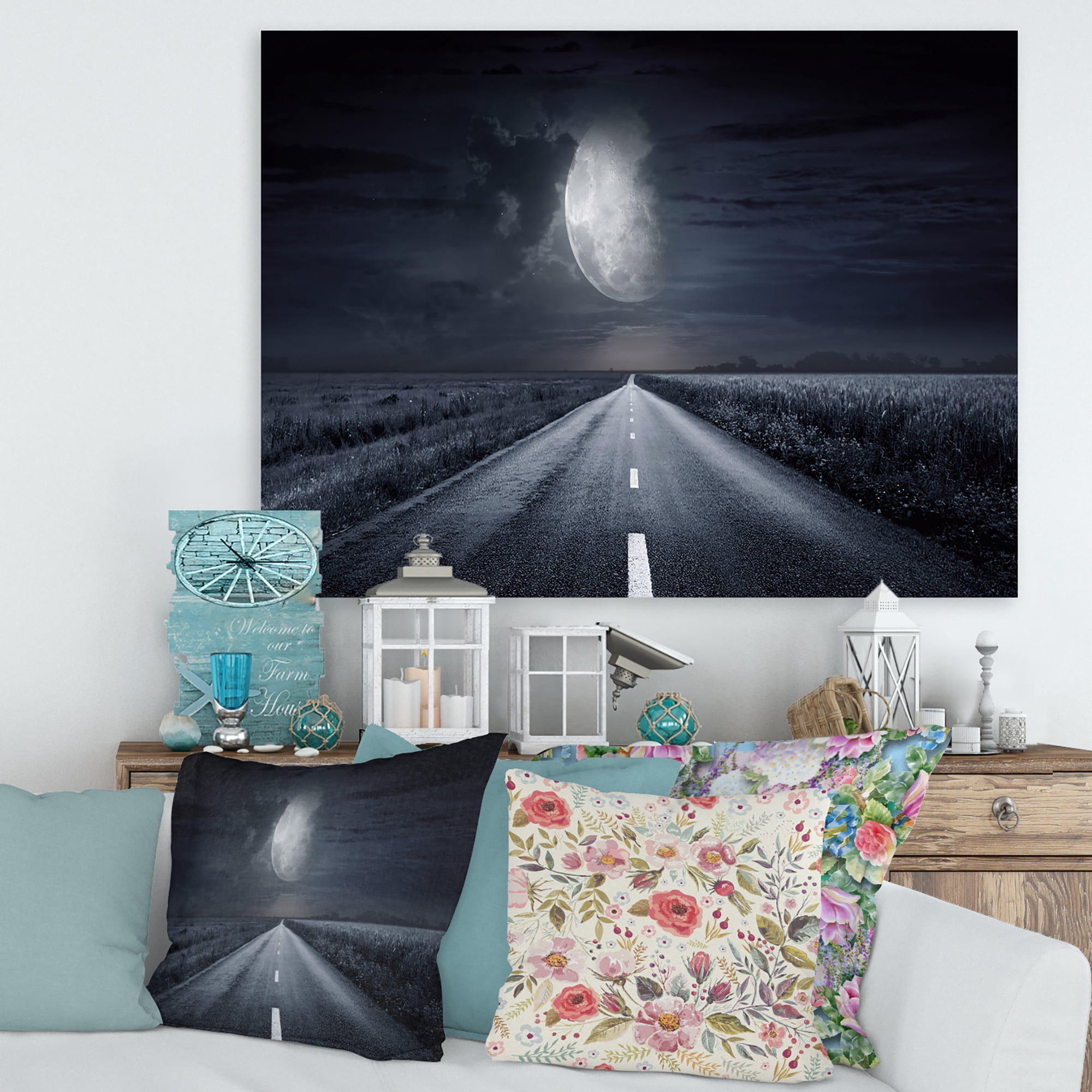 Cloudy Full Moon Over Asphalt Road III 32 in x 24 in Photography Canvas Art Print, by Designart