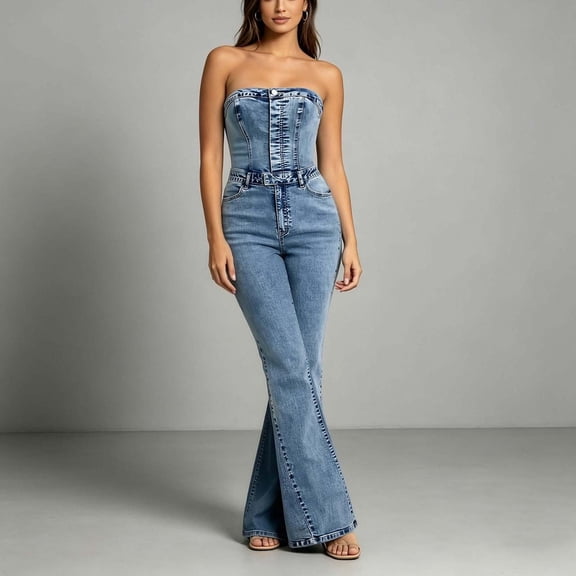 Sunnin Womens Denim Jumpsuit Strapless Button Front Flared Long Pants XS-L