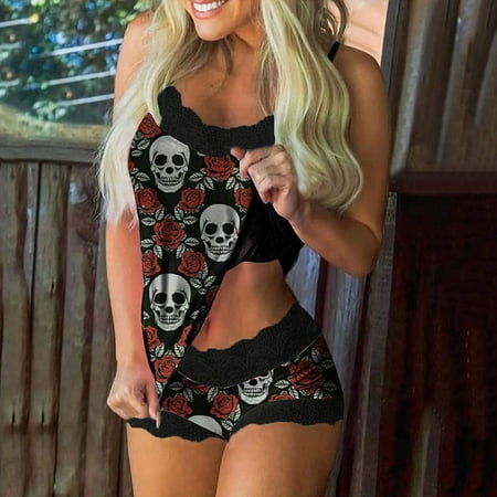 

womens summer tops Women Print Pajamas Sleeveless Lace Cami Shorts Lingerie Sleepwear Set