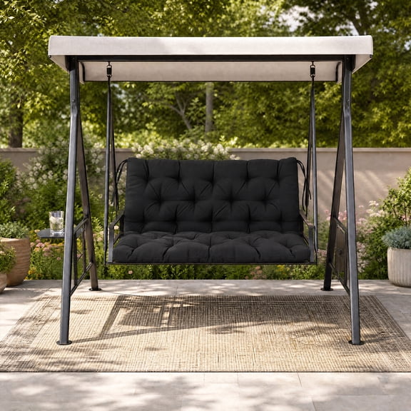 YEERSWAG Porch Swing Cushion 42 x 20 Inch Waterproof Tufted Replacement Cushion with Fixing Straps UV Resistant Thick Bench Cushion for Patio Garden Hanging Swing Bench Black