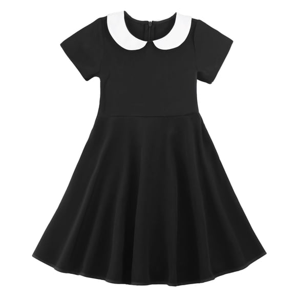 TIREOW Girls Summer Preppy Dresses Short Sleeve Dresses Solid Color Peter Pan Collar A Line Casual Soft Knit Play Dress