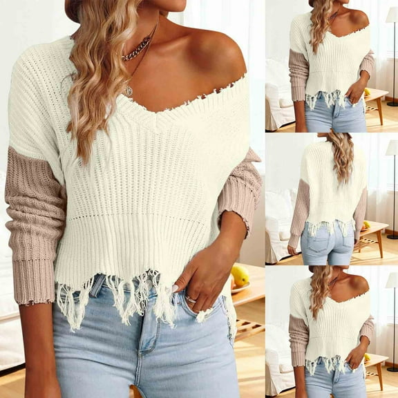 Karight Off The Shoulder Crop Sweaters for Women Color Block Loose Knitted V Neck Long Sleeve Pullover Ripped Sweater Tops
