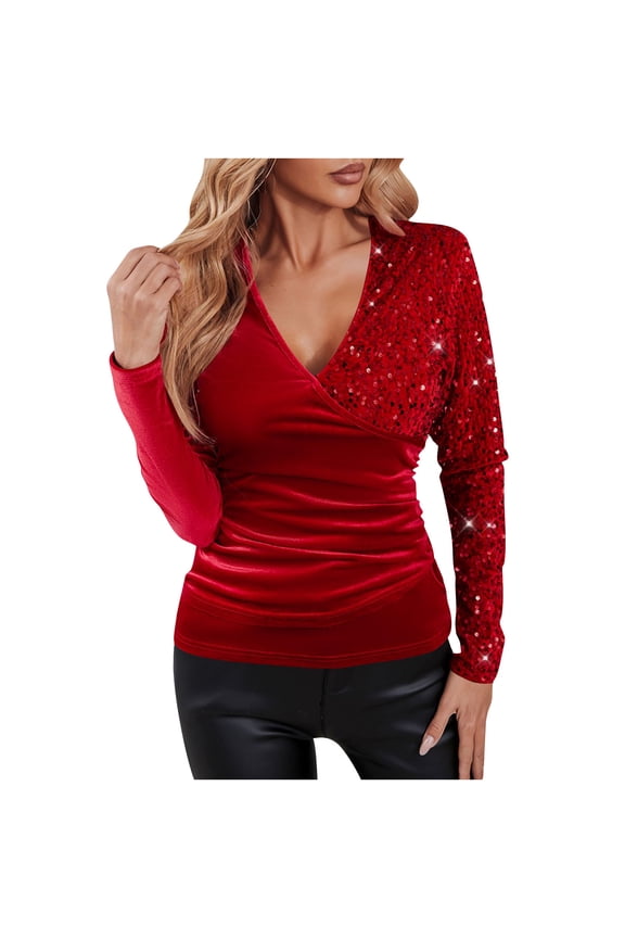 Sparkle Velvet Shirts for Women Dressy Sequin Patchwork Wrap Blouse Sexy V Neck Long Sleeve Business Casual Party Tops