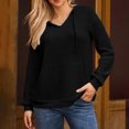 thumbnail image 6 of Women's Solid Color Ribbed Knit Hooded Trendy Sweatshirts V-Neck Long Sleeve Casual Hoodies with Kangaroo Pocket (S, Black), 6 of 9