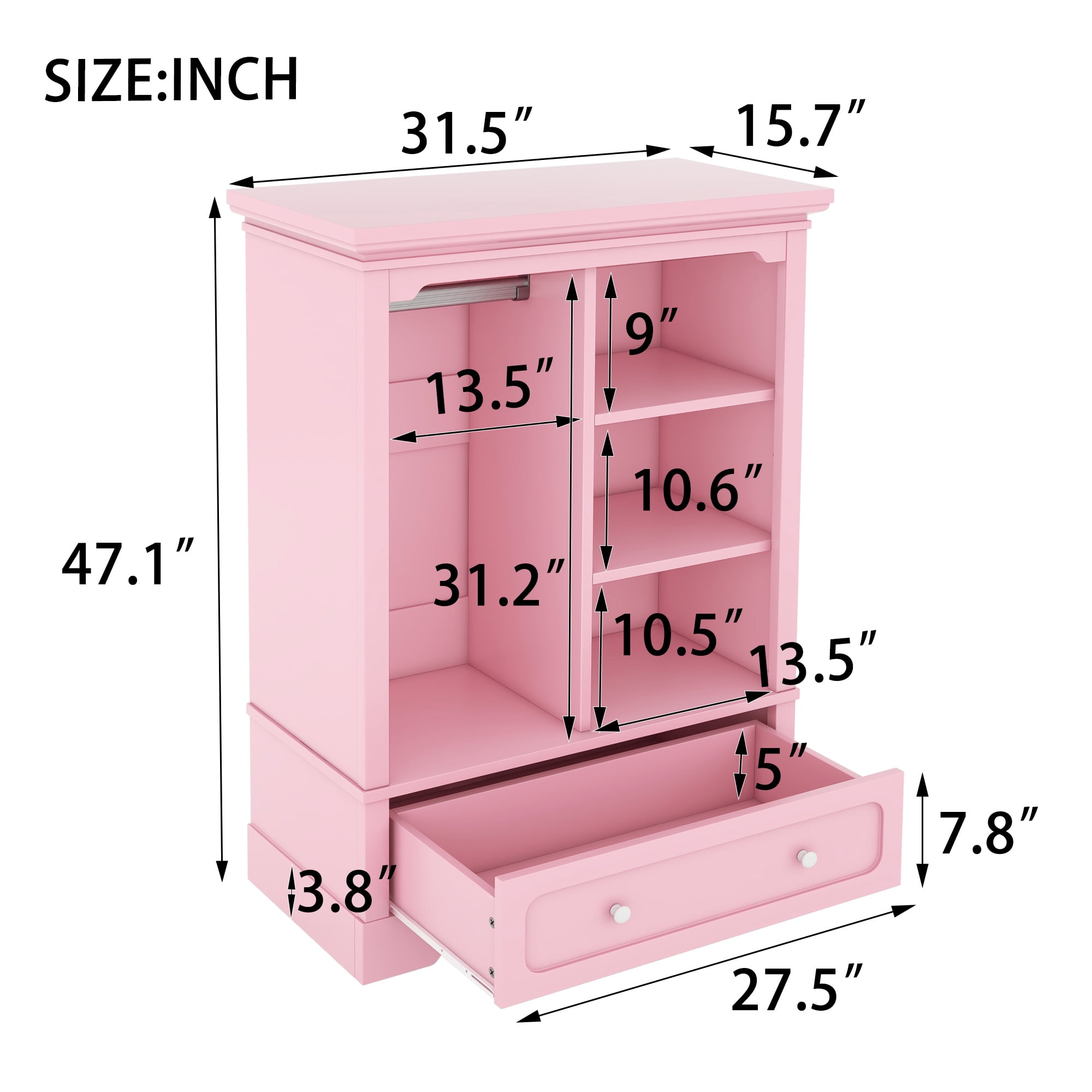 Yoneston Kids Dress Up Storage with Large Drawers and Open Shelves, Children's Wardrobe Opening Hanging Costume Closet Easy Access, Pink